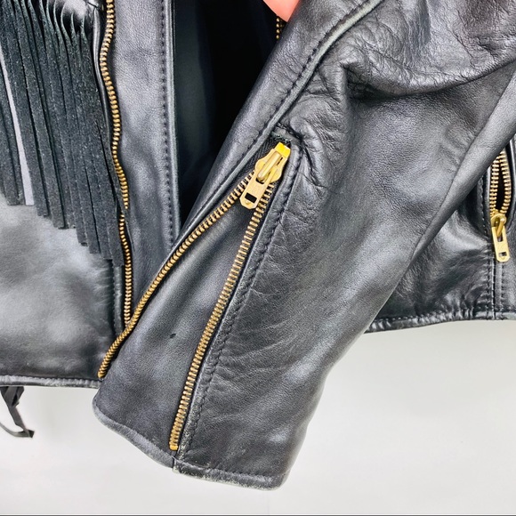 Vintage S Leather Jacket Biker Fringe Black Roses - Picture 5 of 8